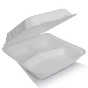 Sugarcane 3-Compartment Clamshell 9'' - White