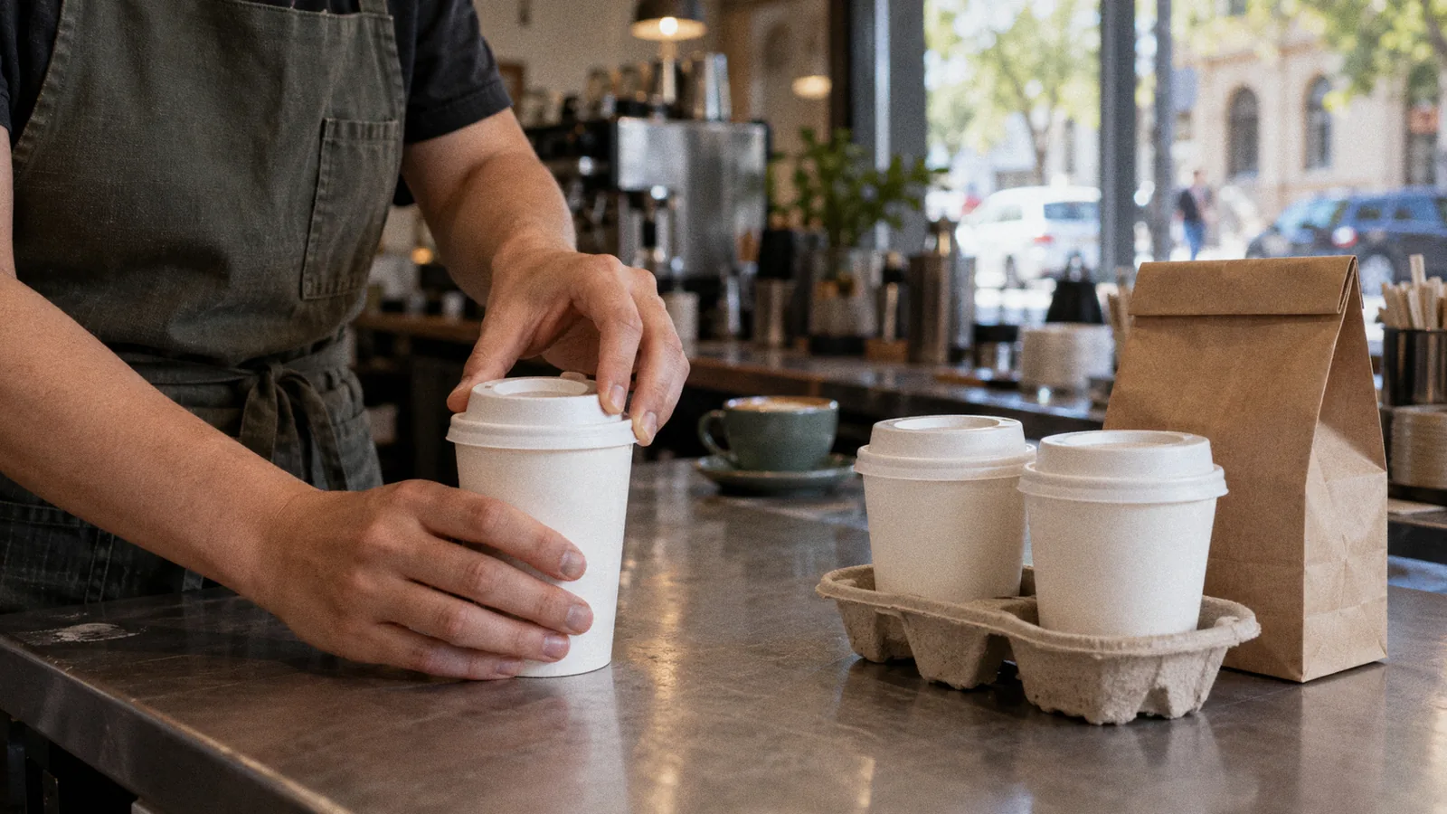 Takeaway coffee cups with lids, a cup carrier and a kraft bag ready at the end of a café counter