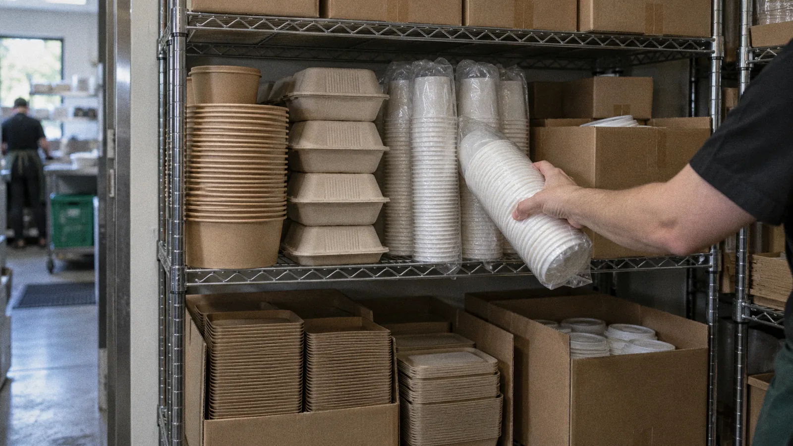 Shelves of stacked disposable bowls, cups and lids in a venue storeroom, with a hand taking a sleeve of cups