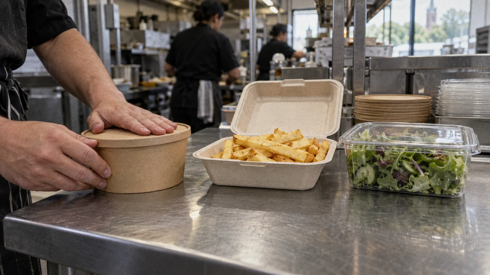 Takeaway orders in kraft bowls, a fibre clamshell and a clear salad container lined up on a kitchen pass