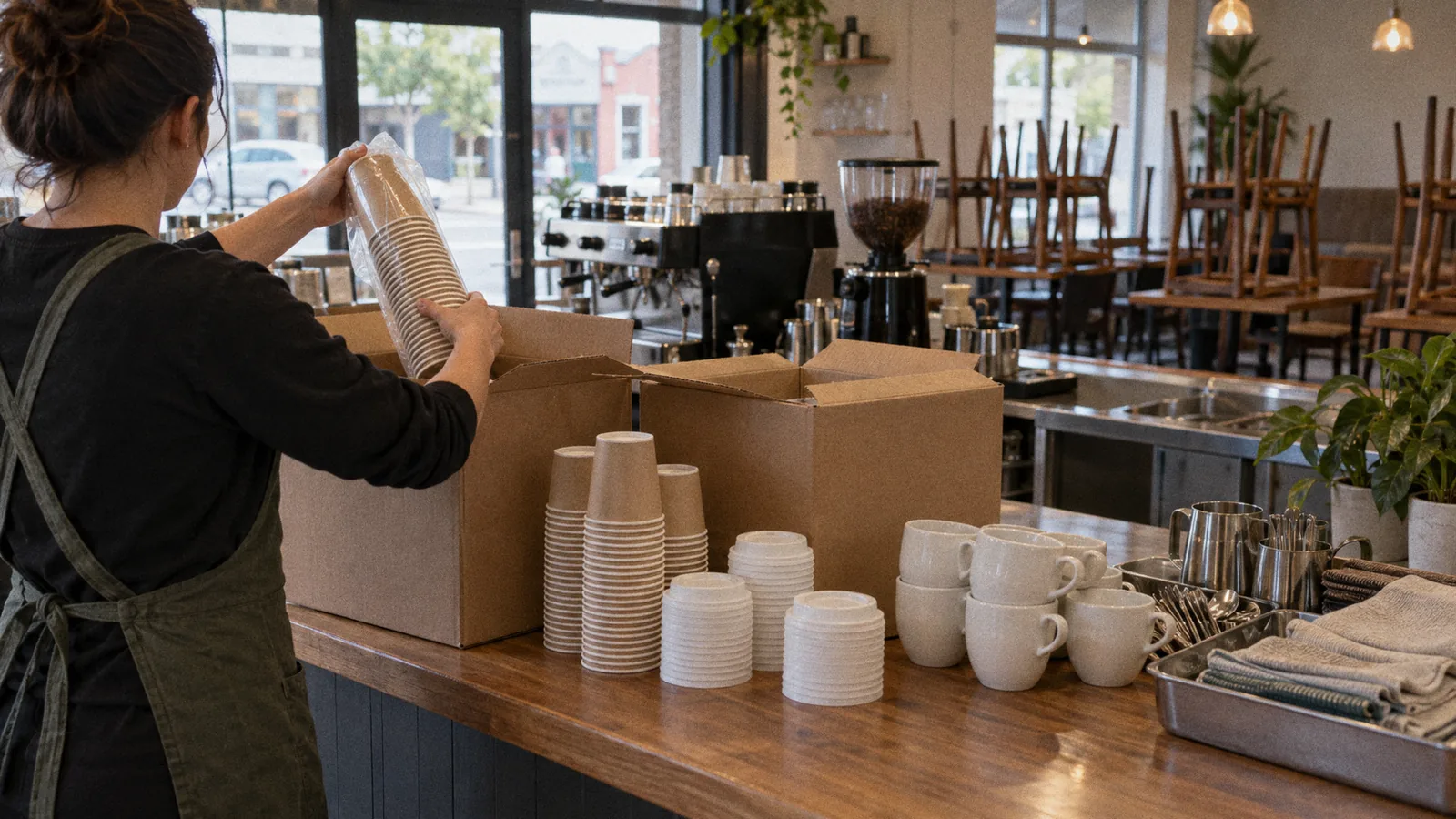 A new café the week before opening, with supplies being unpacked from cartons on the counter