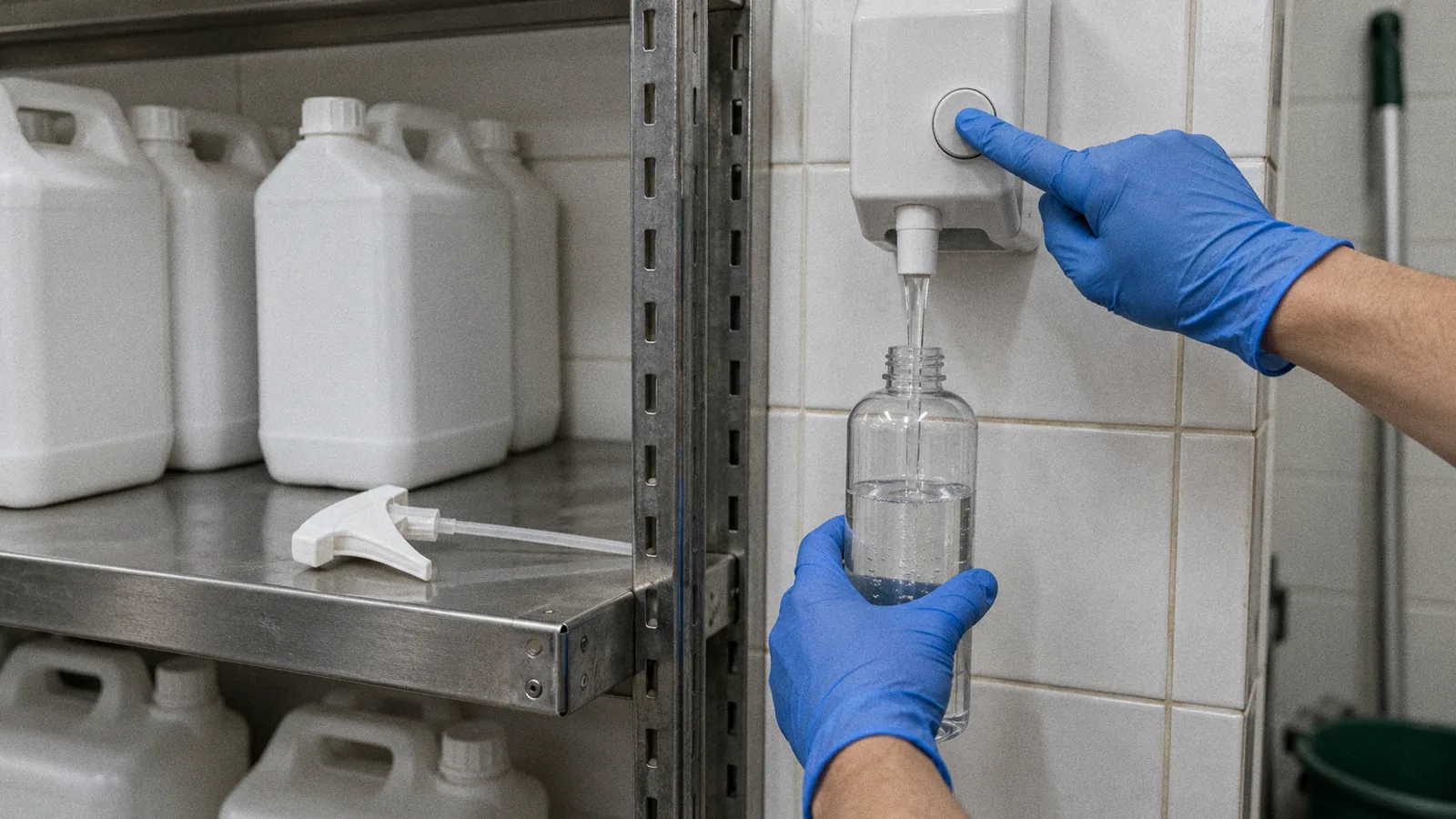 Gloved hands filling a trigger spray bottle from a wall-mounted chemical dilution dispenser