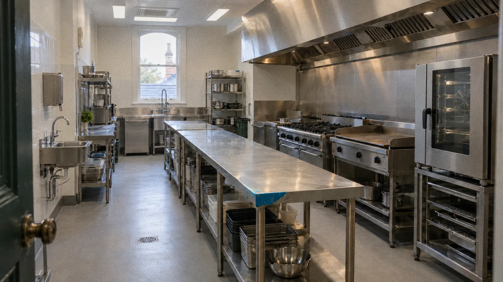 A newly fitted commercial kitchen with stainless benches, a cooking line and an exhaust canopy