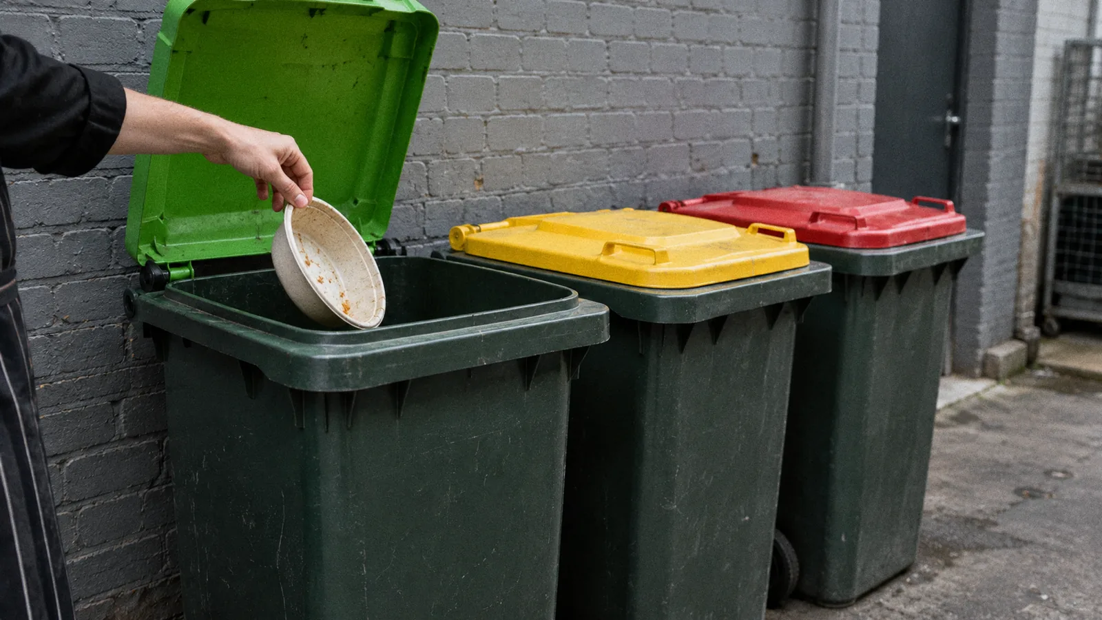 A used fibre bowl going into a green-lid organics bin beside yellow-lid recycling and red-lid waste bins