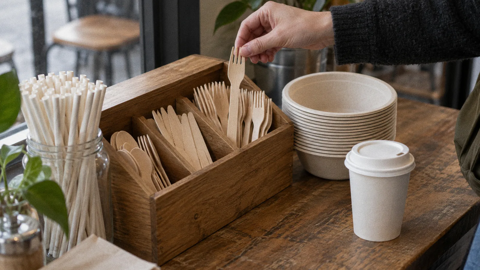 Wooden cutlery, paper straws, a fibre bowl and a paper cup at a café's self-serve station